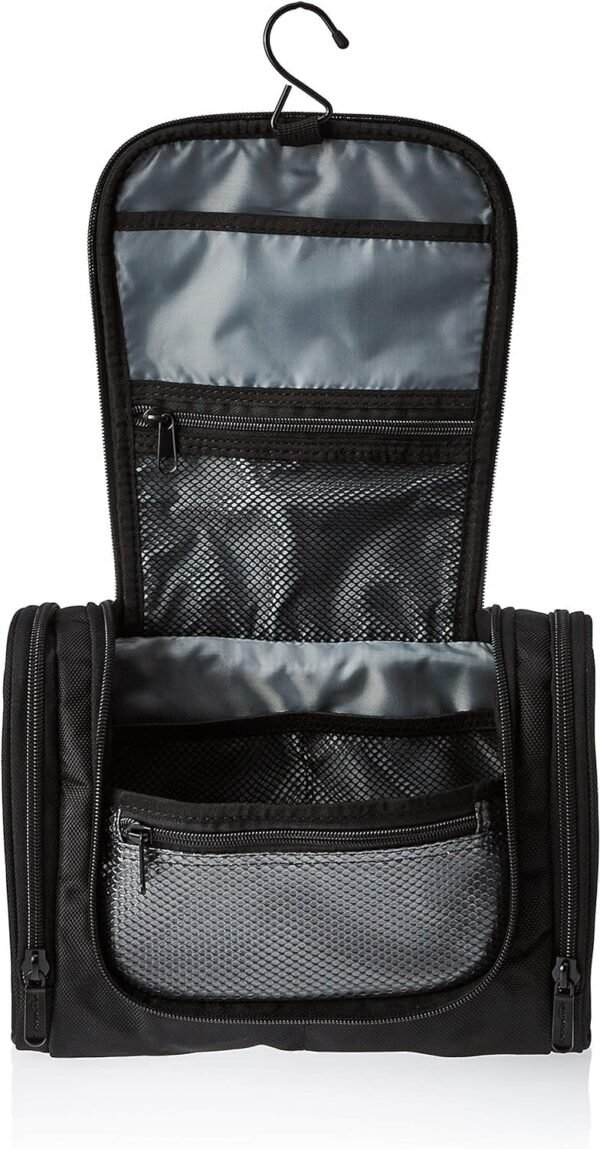 Amazon Basics Travel Toiletry Bag for Men and Women, Hanging Toiletry Bag, Dopp Kit with 2 Side Pockets, Multiple Interior Pockets, Durable 1680D Polyester, Handles Bathroom Spills/Splashes, Black - Image 2
