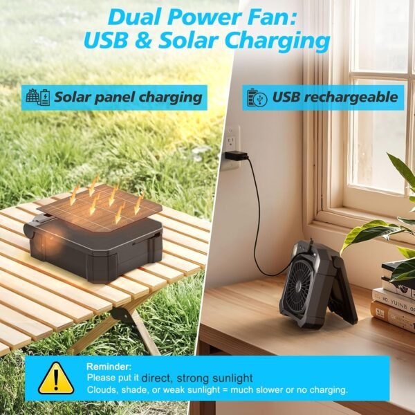 Camping Fan Solar Powered, Portable Solar Fan 10000mAh USB Rechargeable Battery Operated with Light, Quiet Outdoor Fans for Tent, RV, Emergency, Hiking, Power Outage, Desk, Greenhouse, Survival Kit - Image 5