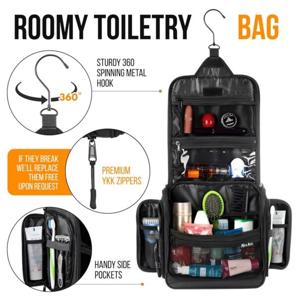 Travel Toiletry Bag for Men and Women - Large Hanging Toiletry Organizer - Waterproof Hygiene Bag with Metal XXL Swivel Hook, with YKK Zippers and 19 Compartments for Toiletries, Makeup, Cosmetics - Image 5