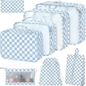 8 Set Packing Cubes for Suitcases,Packing Cubes with Shoe Bag, Cosmetics Bag, Clothing Bag, Accessories Bags Packing Cubes for Travel Luggage Organizer Women Men(Blue Checkered)