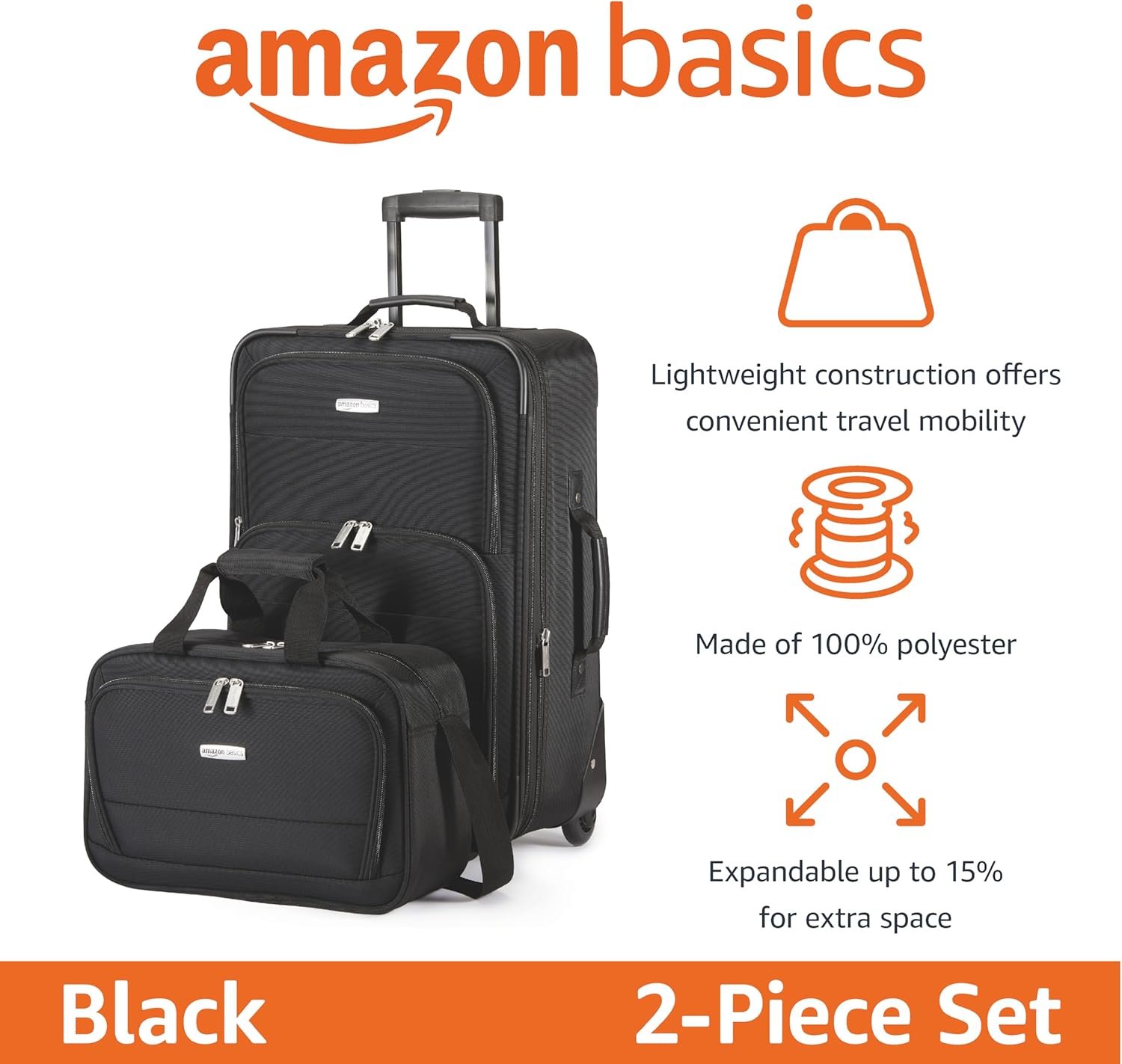 Amazon Basics Luggage Sets, Carry-On 23-Inch, tote 15-Inch, Suitcase With Wheels, Expandable Extra Space (+15%), Front Pockets and Telescopic Handle, Black - Image 2