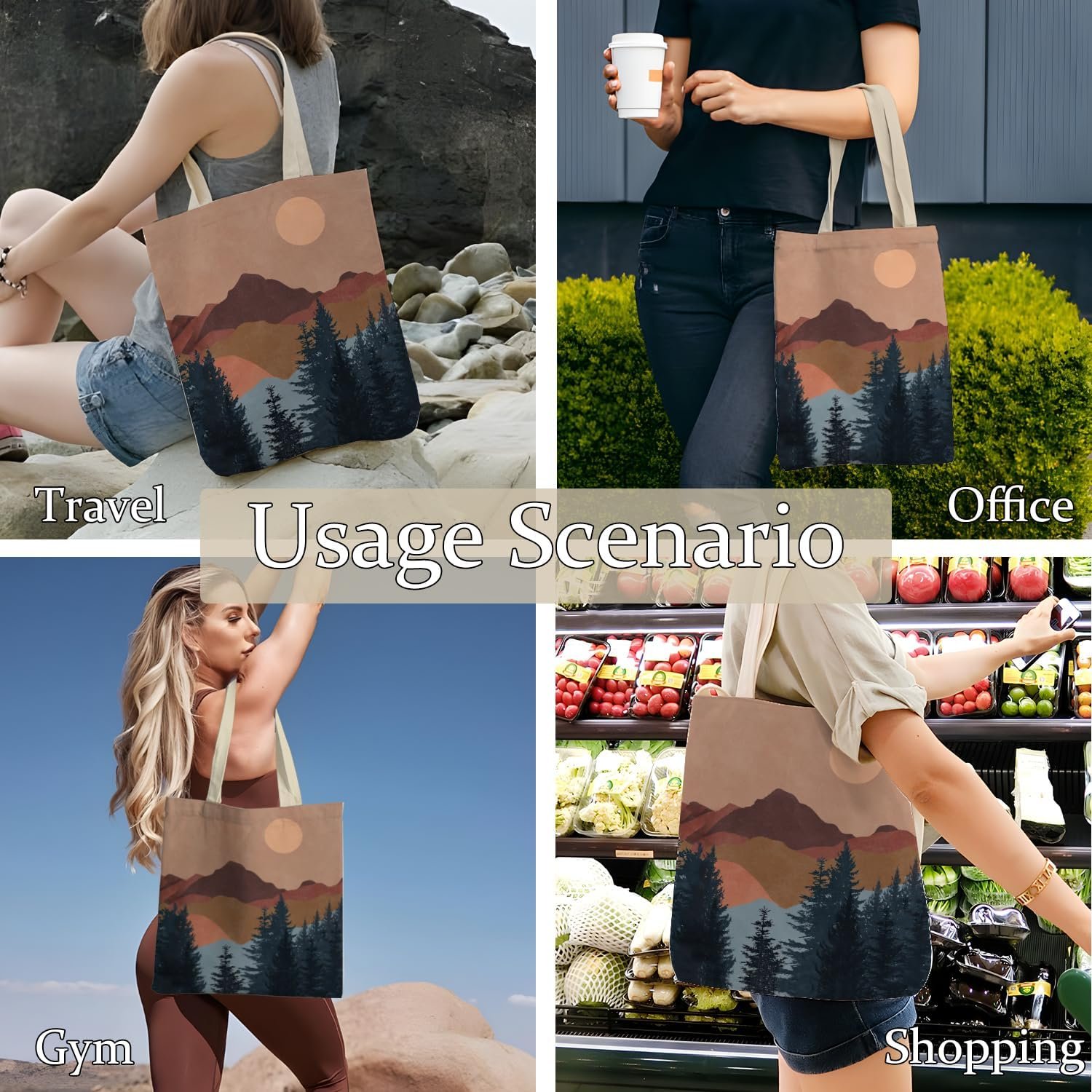 Boho Tote Bag, Vintage Boho Sun Mountain Canvas Tote Bags for Women, Aesthetic Tote Bag, Reusable Grocery Bags Shopping Bags, Boho Gifts for Women - Image 4