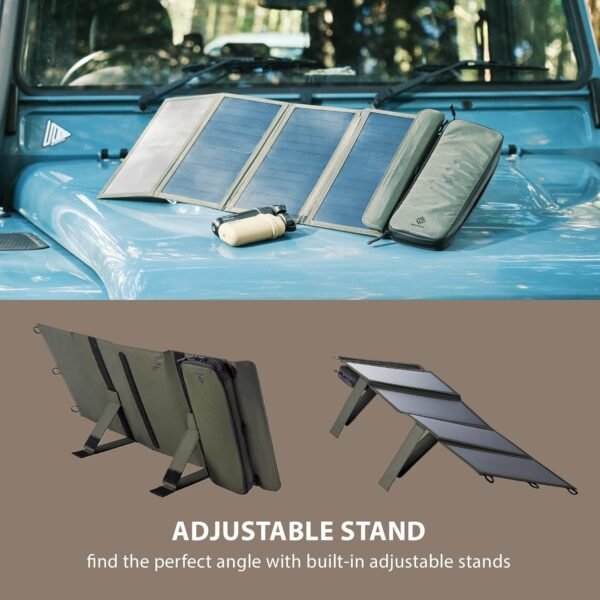 ELECOM NESTOUT Portable Solar Panel, Dual USB-A Ports, 28W Power Generation Charger for Phone Camping, Durable Water-Resistant Ripstop Nylon, Foldable Lightweight, Adjustable Stands (4-Panel) - Image 6