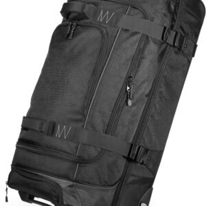 Amazon Basics 30-Inch Large Rolling Duffle Bag with Wheels and Handle, Travel Duffle Bag with Durable Ripstop Polyester Material, 2 Layers of Space, Multiple Interior and Exterior Pockets, Black