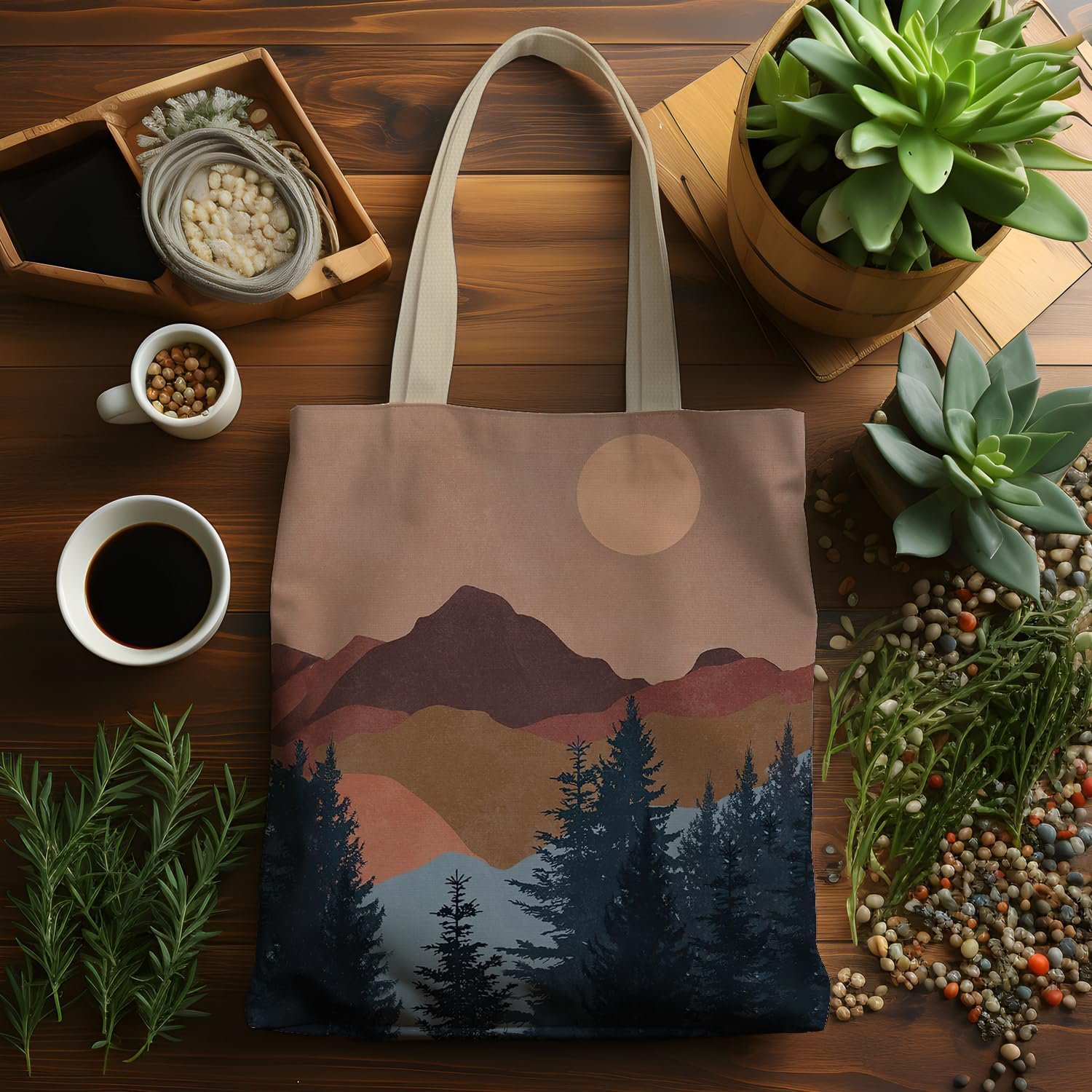 Boho Tote Bag, Vintage Boho Sun Mountain Canvas Tote Bags for Women, Aesthetic Tote Bag, Reusable Grocery Bags Shopping Bags, Boho Gifts for Women - Image 2