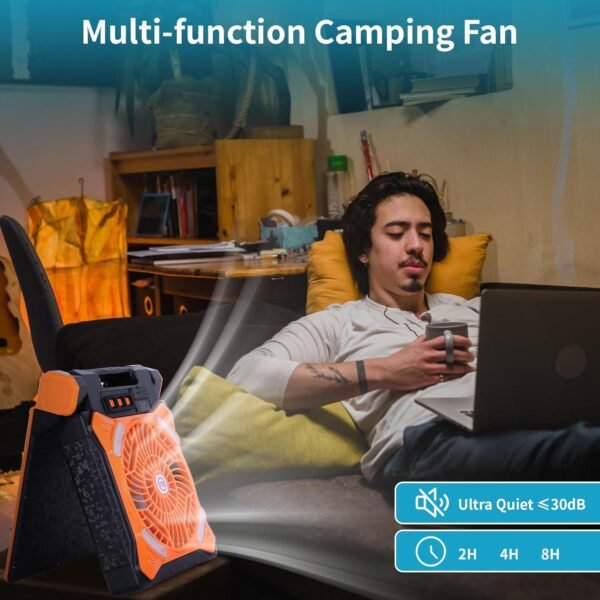 Solar Fan Battery Powered Rechargeable Solar Camping Fan with Led Lantern Power Bank Foldable Angle USB Personal Fans for Travel Outdoor CampingTents camping essentials X98 Orange - Image 3