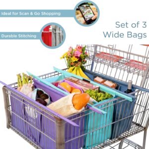 X-Large Lotus Trolley Bags for Shopping Carts – Set of 3 Club Store Reusable Shopping Bags, Grocery Bags with Insulated Cooler & Egg/Wine Holder, Foldable, Washable Cart Bags, Grocery Tote Bags