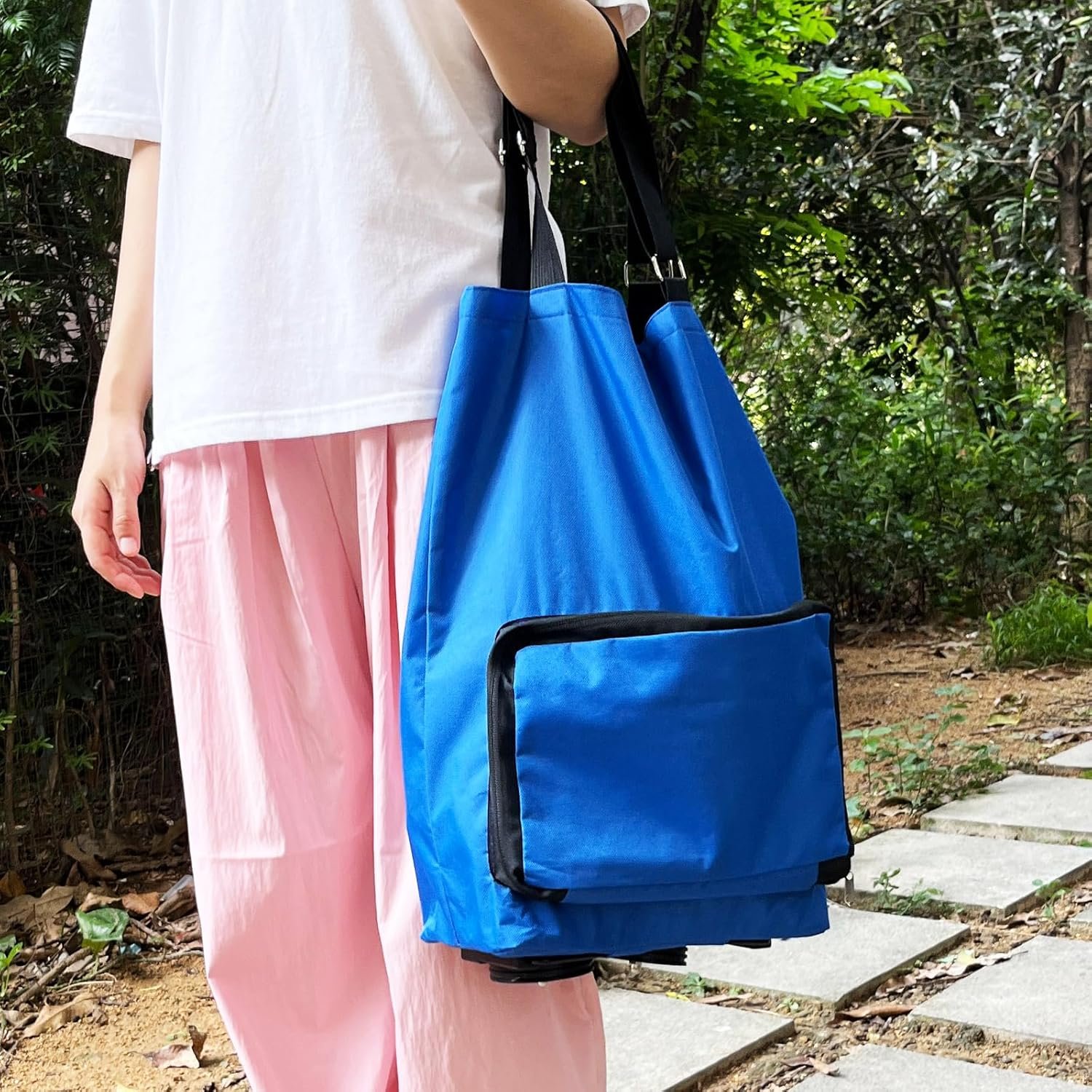 Collapsible Shopping Cart,Folding Lightweight Portable Collapsible Bag with Wheels, Lightweight Waterproof Rolling, Trolley Tote Stair Climbing Cart for Traveling (Blue) - Image 3