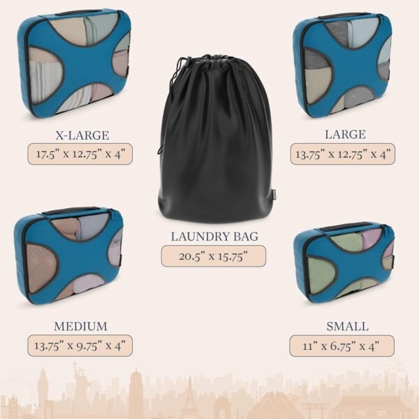 Shacke Premium 5 Packing Cubes Set - Lightweight Mesh Travel Luggage Organizers with Laundry Bag, 5-Piece Suitcase Storage System (Gentlemen's Blue) - Image 4