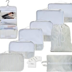 9 Set Packing Cubes – Suitcase Organizer, Cute Packing Cubes, Travel Bags Organizer for Luggage with Hanging Toiletry and Shoe Bag, Travel Essentials for Women, Men and Kids -Stripe
