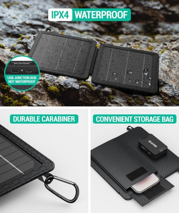 BLAVOR 10W Portable Solar Charger(5V/2A Max), Small Foldable Solar Panel with USB-C USB-A Outputs Compatible with Cell Phone Tablet, IPX4 Waterproof for Camping, Hiking, Backpacking - Image 5