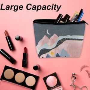 Abstract Mountains Makeup Bag for Purse, Waterproof Funny Sun Moon Stars Cosmetic Bag for Women, Zipper Travel Toiletry Pouch Gift 9.5×5.9 Inch