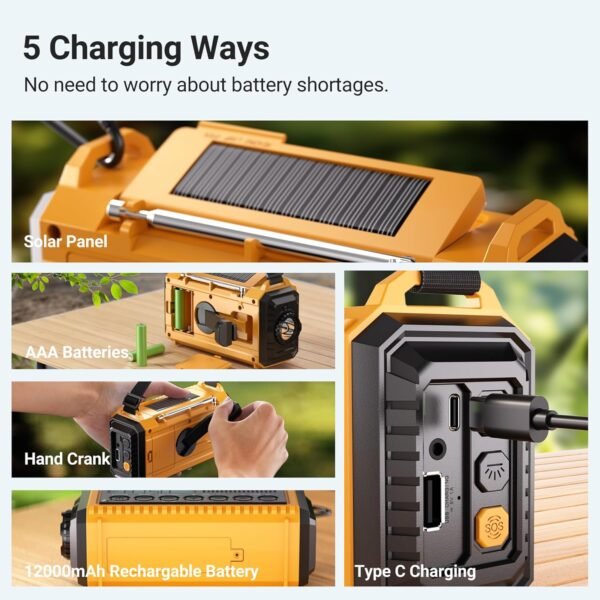 Mesqool 12000 Emergency Radio, Auto Digital Weather Radio NOAA/AM/FM/SW Battery Backup Crank with Flashlight Phone Charger, Portable Solar Powered Radio Backlit LCD Display, SOS - Image 4