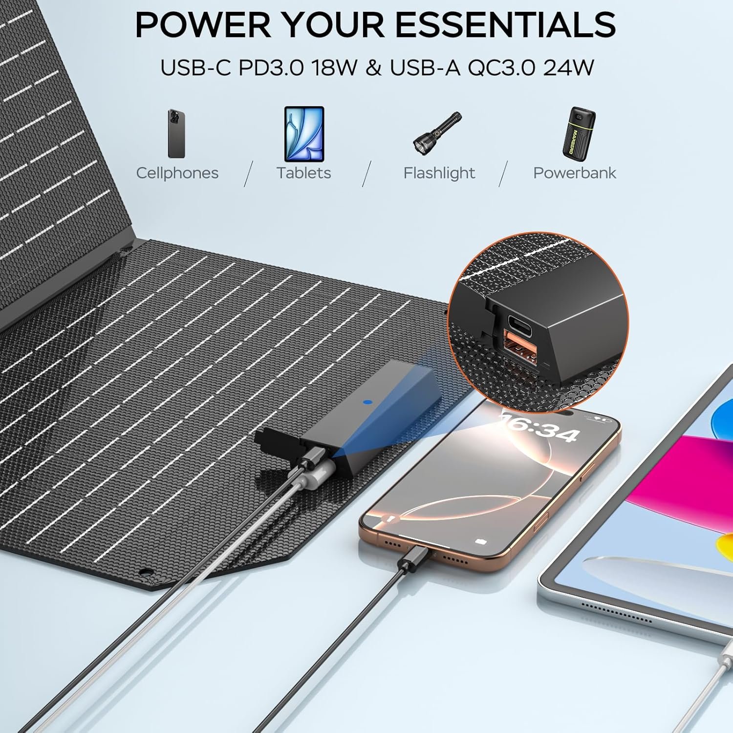 MARBERO 30W Solar Charger >23% High Efficiency Foldable Portable Solar Panel for Power Station Phones Tablets 2 USB Ports & DC Fast Charging IP65 Waterproof for Camping Outdoor Backpacking Cloudy - Image 7