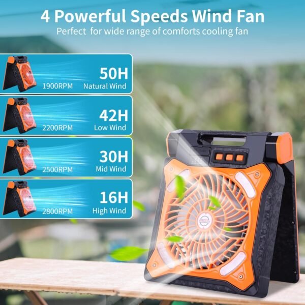 Solar Fan Battery Powered Rechargeable Solar Camping Fan with Led Lantern Power Bank Foldable Angle USB Personal Fans for Travel Outdoor CampingTents camping essentials X98 Orange - Image 4