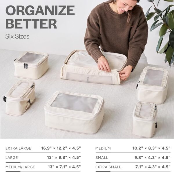 Compression Packing Cubes for Travel - Luggage Organizer Bags - Double Zipper Packing Cubes for Suitcases (6-Pack, Beige) - Image 3