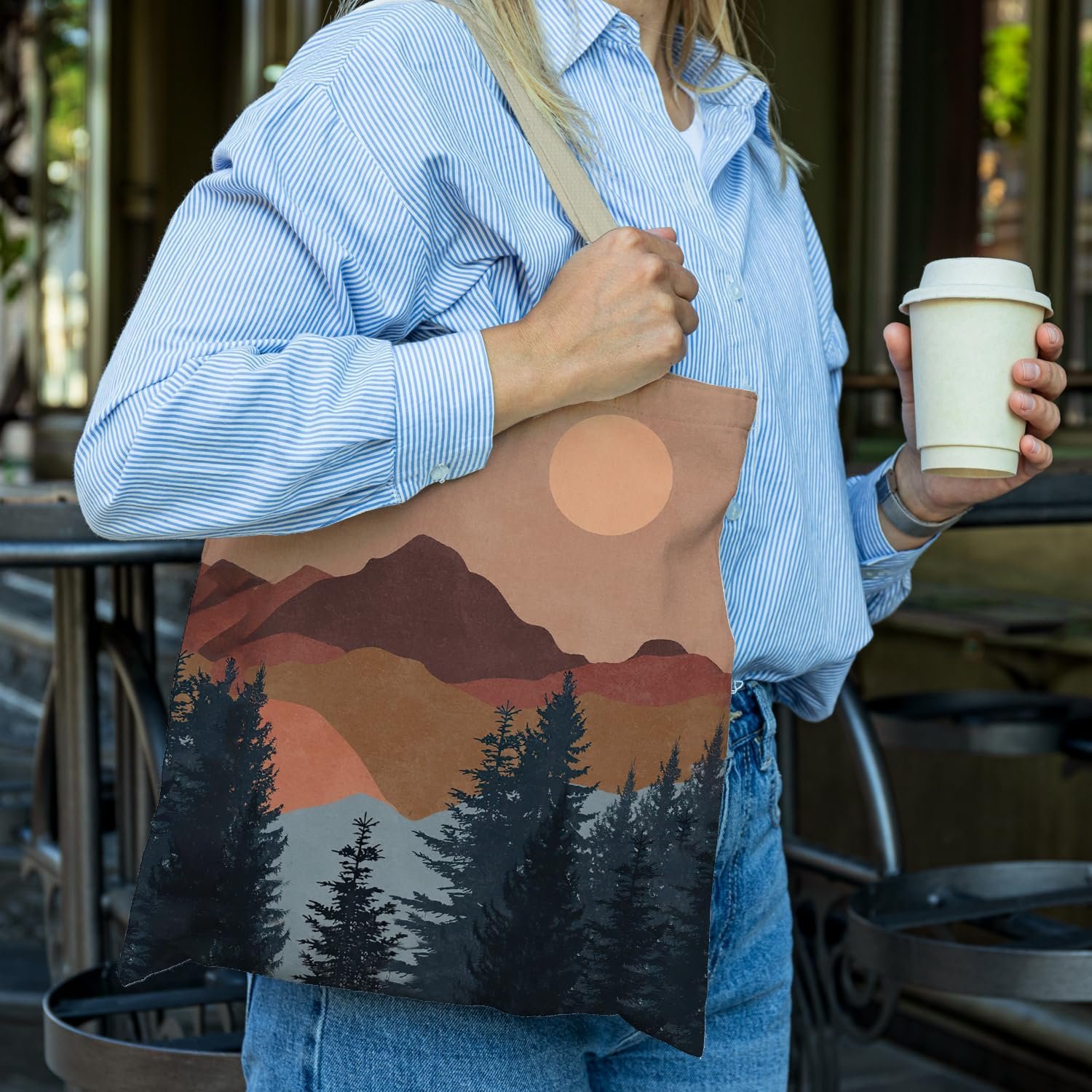 Boho Tote Bag, Vintage Boho Sun Mountain Canvas Tote Bags for Women, Aesthetic Tote Bag, Reusable Grocery Bags Shopping Bags, Boho Gifts for Women - Image 5