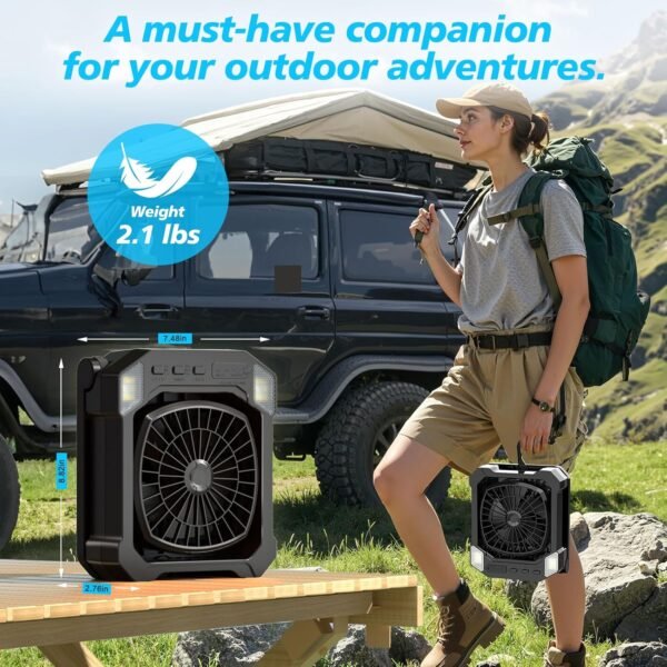 Camping Fan Solar Powered, Portable Solar Fan 10000mAh USB Rechargeable Battery Operated with Light, Quiet Outdoor Fans for Tent, RV, Emergency, Hiking, Power Outage, Desk, Greenhouse, Survival Kit - Image 7