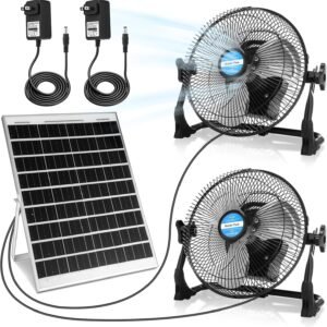 Sumind 2 Pcs 10” Portable Rechargeable Fan with 20 W Panel, Battery Operated Solar Fan, 2 in 1 Solar Panel Powered and DC Charger Powered, 7500mah Battery for Household, Camping, Greenhouse, Factory