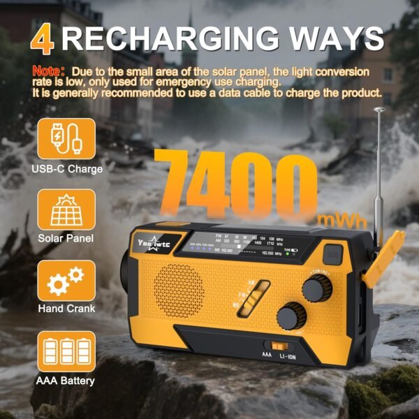 Hand Crank Emergency Radio NOAA Weather Radio 7400mWh Battery Operated 3 in 1 Charging Cable Hand Crank Charger with AM FM Portable Solar Powered Radio for Winter Storm Hurricane Survival Gear - Image 5