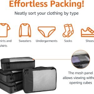 Amazon Basics Lightweight Packing Cubes Travel Organizer Set with Double Zipper, Mesh Top, Durable Polyester, Medium, 4 Piece, Black