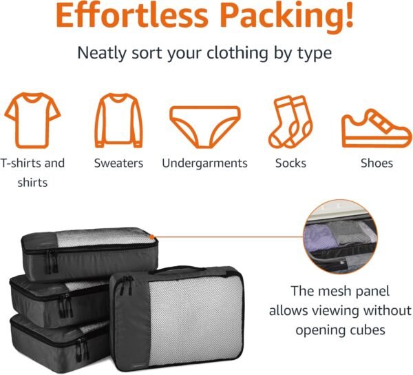 Amazon Basics Lightweight Packing Cubes Travel Organizer Set with Double Zipper, Mesh Top, Durable Polyester, Medium, 4 Piece, Black - Image 2