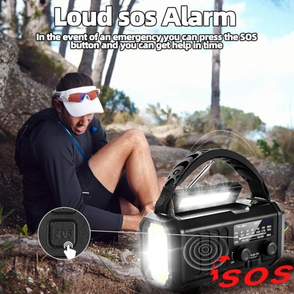 Hand Crank Emergency Radio,37000mWh Solar Powered Portable NOAA AM FM Weather Radio with 3Mode Flashlight and Reading Light,Cell Phone Charger,Home and Emergency Distress Signal (Black) - Image 6