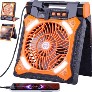 Solar Fan Battery Powered Rechargeable Solar Camping Fan with Led Lantern Power Bank Foldable Angle USB Personal Fans for Travel Outdoor CampingTents camping essentials X98 Orange