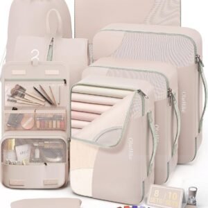 10 Set/8 Set Packing Cubes for Travel, Gifts for Women Mom,Anti-Tearing Suitcase Organizer for Luggage with Shoe & Hanging Toiletry Bag,OlarHike Vacation Essentials & Accessories for Cruise Ship,Cream