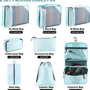 8 Set Packing Cubes for Travel Women Men Kids, Mesh Suitcase Organizer Bags Set for Luggage, 4 Sizes Extra Large, Large, Medium, Small, Travel Camping Essentials Accessories, Lake Blue