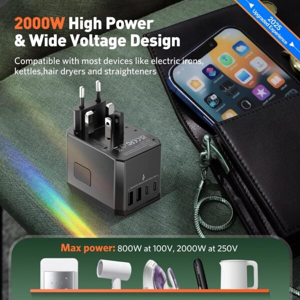 Universal Travel Adapter International Plug - European Travel Plug Adapter Worldwide US AUS EU UK Spain Germany Ireland Italy - All-in-one Travel Outlet Power Adapter with 3 USB C 2 USB A - Image 7