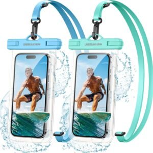 UNBREAKcable Waterproof Phone Pouch-2 Pack IPX8 Waterproof Phone Case for iPhone 16 15 14 13 12 11 Pro Max & Samsung S25 S24-Dry Bag & Travel Essentials for Beach, Pool, Kayak & Cruise-7″ Blue+Green