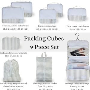 9 Set Packing Cubes – Suitcase Organizer, Cute Packing Cubes, Travel Bags Organizer for Luggage with Hanging Toiletry and Shoe Bag, Travel Essentials for Women, Men and Kids -Stripe