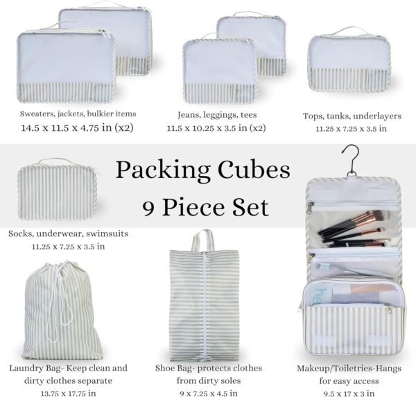 9 Set Packing Cubes - Suitcase Organizer, Cute Packing Cubes, Travel Bags Organizer for Luggage with Hanging Toiletry and Shoe Bag, Travel Essentials for Women, Men and Kids -Stripe - Image 2
