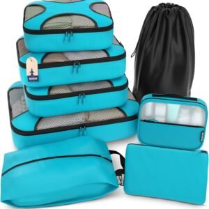 Shacke Premium 8 Packing Cubes Set – Lightweight Mesh Travel Luggage Organizers with Laundry Bag, 8-Piece Suitcase Storage System (Aqua Teal)