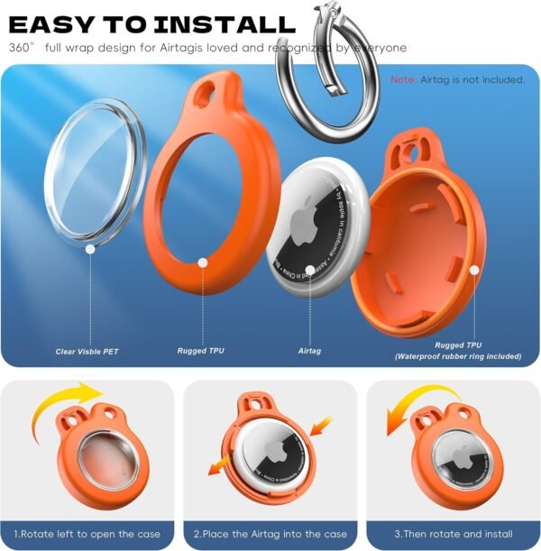 2025 New Waterproof AirTag Keychain Holder - (Set of 4) Air Tag Locking Case with Cable, Compatible with Apple AirTags, Ultra Durable Loss Prevention Case for Luggage, Keys,Black, Orange, Blue, Red - Image 3