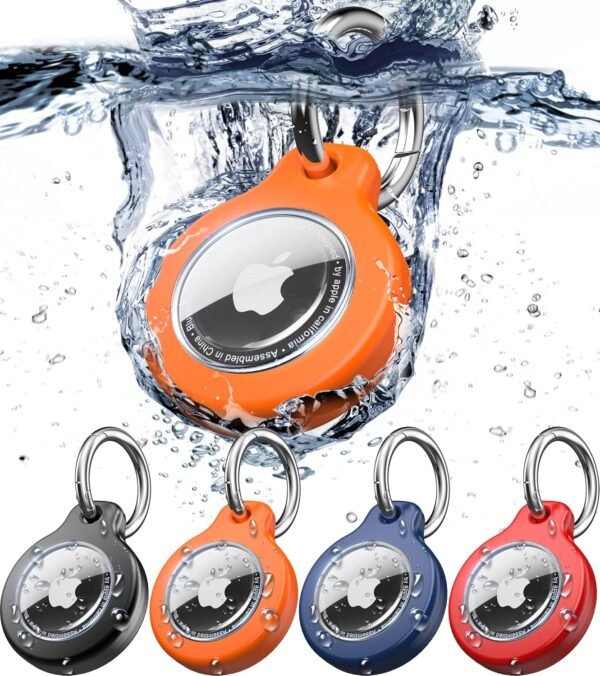 2025 New Waterproof AirTag Keychain Holder - (Set of 4) Air Tag Locking Case with Cable, Compatible with Apple AirTags, Ultra Durable Loss Prevention Case for Luggage, Keys,Black, Orange, Blue, Red