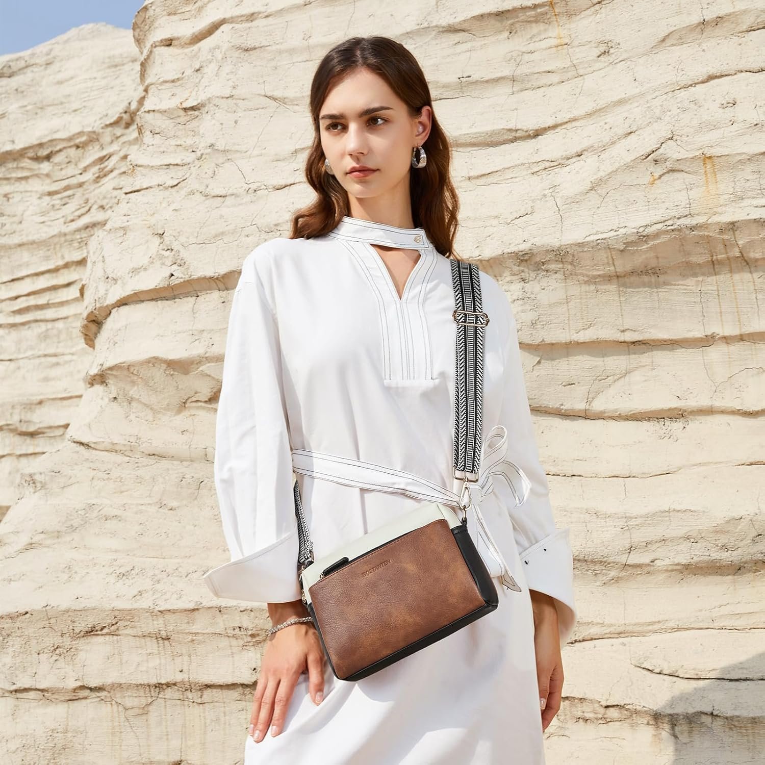 BOSTANTEN Small Crossbody Purse for Women Triple Zip Cell Phone Leather Handbag with Colored Shoulder Strap - Image 2