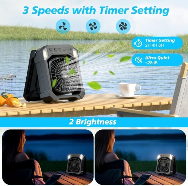 Camping Fan Solar Powered, Portable Solar Fan 10000mAh USB Rechargeable Battery Operated with Light, Quiet Outdoor Fans for Tent, RV, Emergency, Hiking, Power Outage, Desk, Greenhouse, Survival Kit - Image 4