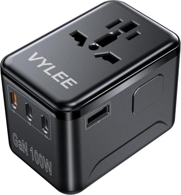 Universal Travel Adapter, PD100W GaN International Power Adapter with 3 USB C and 1 USB A Charging Ports, All in One Power Outlet, Worldwide Plug Adapter for US to European Europe UK AUS Ireland
