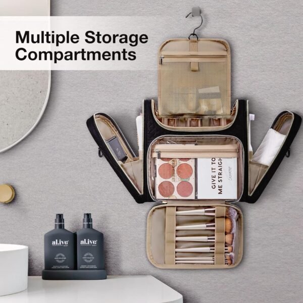 BAGSMART Toiletry Bag, Travel Toiletry Bag for Women, Water-resistant Cosmetic Makeup Bag, Large Capacity Door Room Essentials Travel Organizer for Full Sized Toiletries and Cosmetics, Black - Image 2