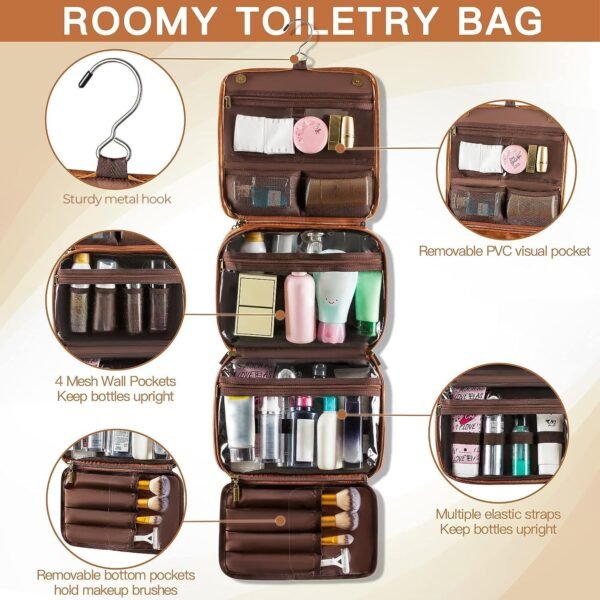 Elviros Hanging Toiletry Bag for Men Travel Essentials 3-in-1 Large Waterproof Dopp Kit PU Leather Shaving Bag with Separate Compartments for Grooming and Toiletries Mens Gift - Image 4