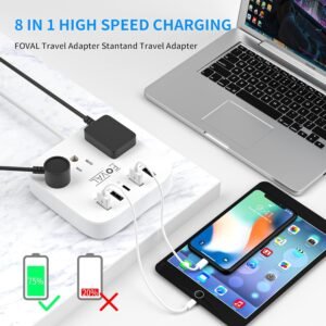 European Travel Plug Adapter, FOVAL EU UK US Power Strip with USB C and 4 USB Ports, 3 AC Outlets, Wall Mountable, 5ft Extension Cord, Compact for Travel, Cruise Ship, Home Office (White)