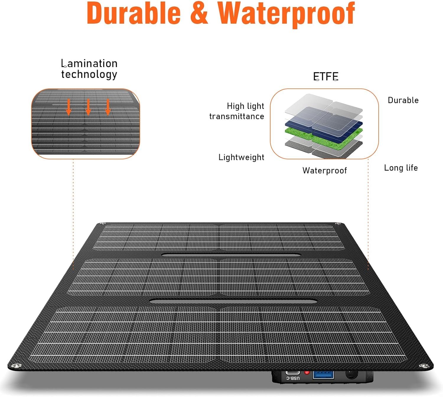 30W Portable Solar Panel Charger, Foldable ETFE Monocystalline Panel with USB-C USB-A and DC Outputs, IP65 Waterproof, High Conversion for Phones,Power Stations, RV, Outdoor Use - Image 4