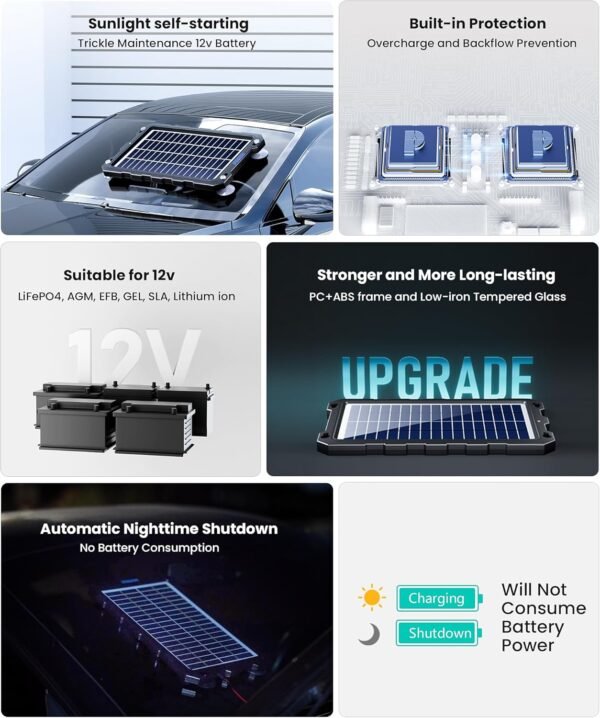 POWOXI Upgraded 7.5W-Solar-Battery-Trickle-Charger-Maintainer-12V Portable Waterproof Solar Panel Trickle Charging Kit for Car, Automotive, Motorcycle, Boat, Marine, RV,Trailer, Snowmobile, etc. - Image 3