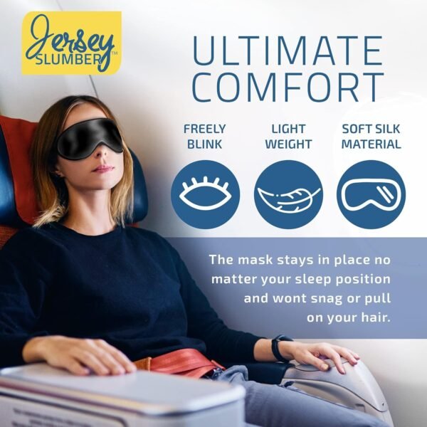 100% Silk Sleep Mask for A Full Night's Sleep | Comfortable & Super Soft Eye Mask with Adjustable Strap | Works with Every Nap Position | Best Sleeping Aid/Blindfold/Gift, Blocks Light Jersey Slumber - Image 3