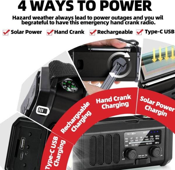 Hand Crank Emergency Radio,37000mWh Solar Powered Portable NOAA AM FM Weather Radio with 3Mode Flashlight and Reading Light,Cell Phone Charger,Home and Emergency Distress Signal (Black) - Image 5