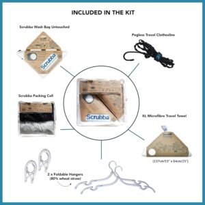 Scrubba Portable Wash Bag Untouched Kit (5 Pieces) – White Undyed, Unbleached, Hand Washing Machine System for Hotel, Hiking & Travel Wash – Light and Small Eco-Friendly Camping Washer and Dryer