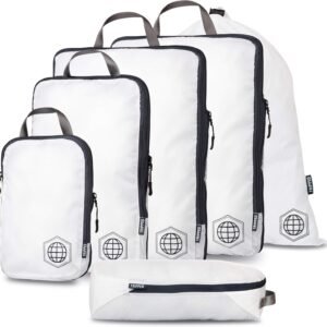Large Compression Packing Cubes 6 Piece Set for Travel with Lightweight Laundry Bag for Carry-On Suitcase by TRIPPED Travel Gear (White)