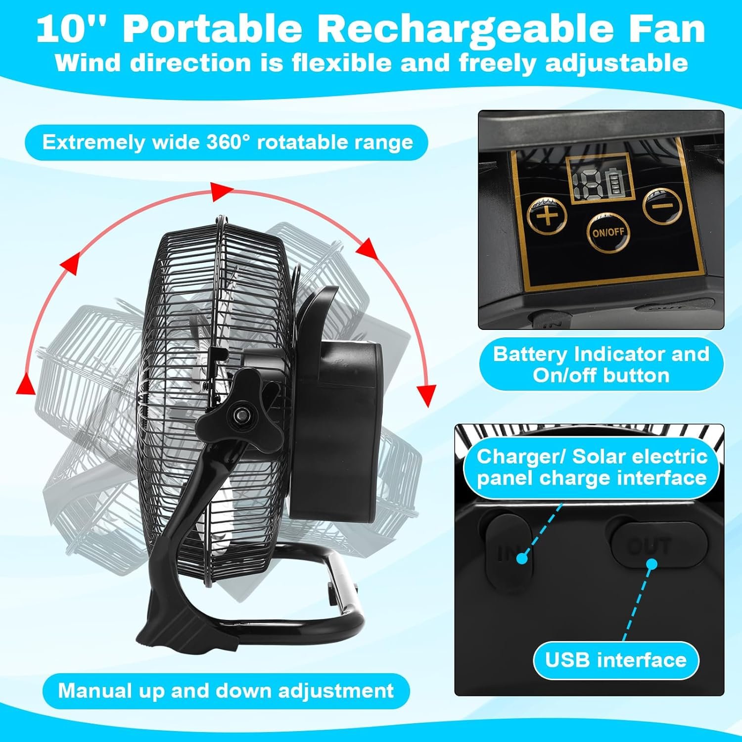 Sumind 2 Pcs 10'' Portable Rechargeable Fan with 20 W Panel, Battery Operated Solar Fan, 2 in 1 Solar Panel Powered and DC Charger Powered, 7500mah Battery for Household, Camping, Greenhouse, Factory - Image 3